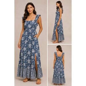 PAIGE Poppy Dress in Navy Multi Mix Cotton Viscose Medium loral Ruffle Slit